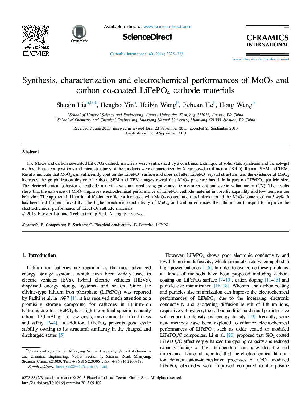 Synthesis, characterization and electrochemical performances of MoO2 and carbon co-coated LiFePO4 cathode materials