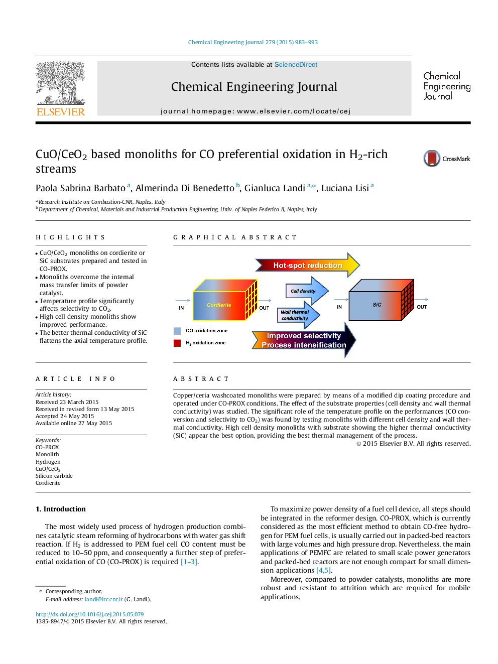 CuO/CeO2 based monoliths for CO preferential oxidation in H2-rich streams