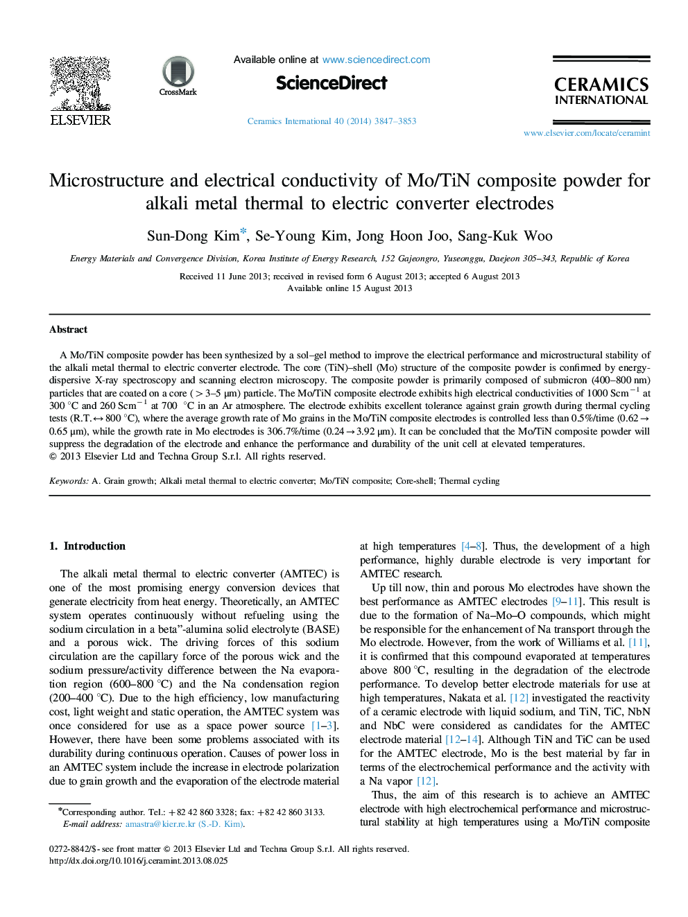 Microstructure and electrical conductivity of Mo/TiN composite powder for alkali metal thermal to electric converter electrodes