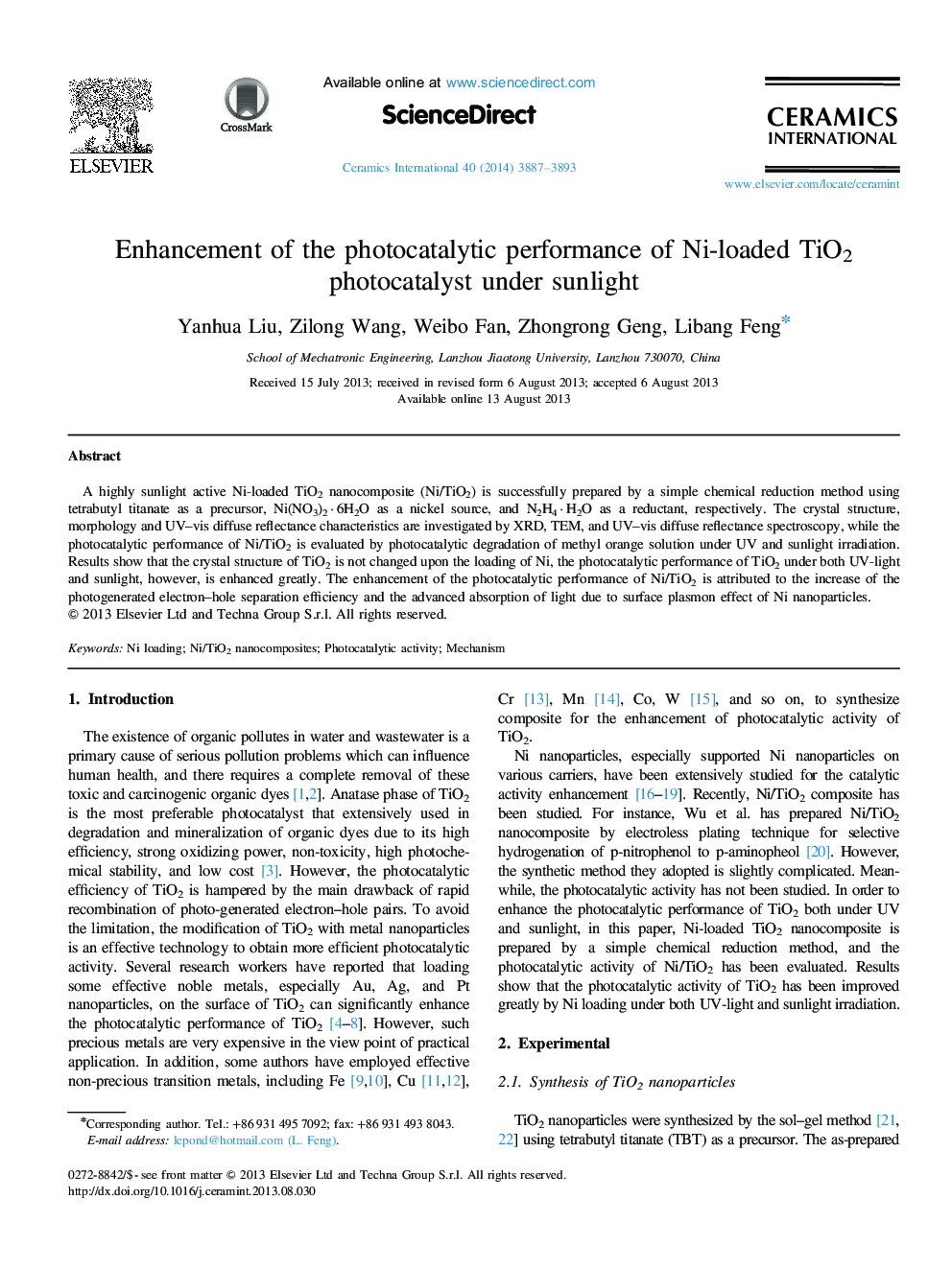 Enhancement of the photocatalytic performance of Ni-loaded TiO2 photocatalyst under sunlight