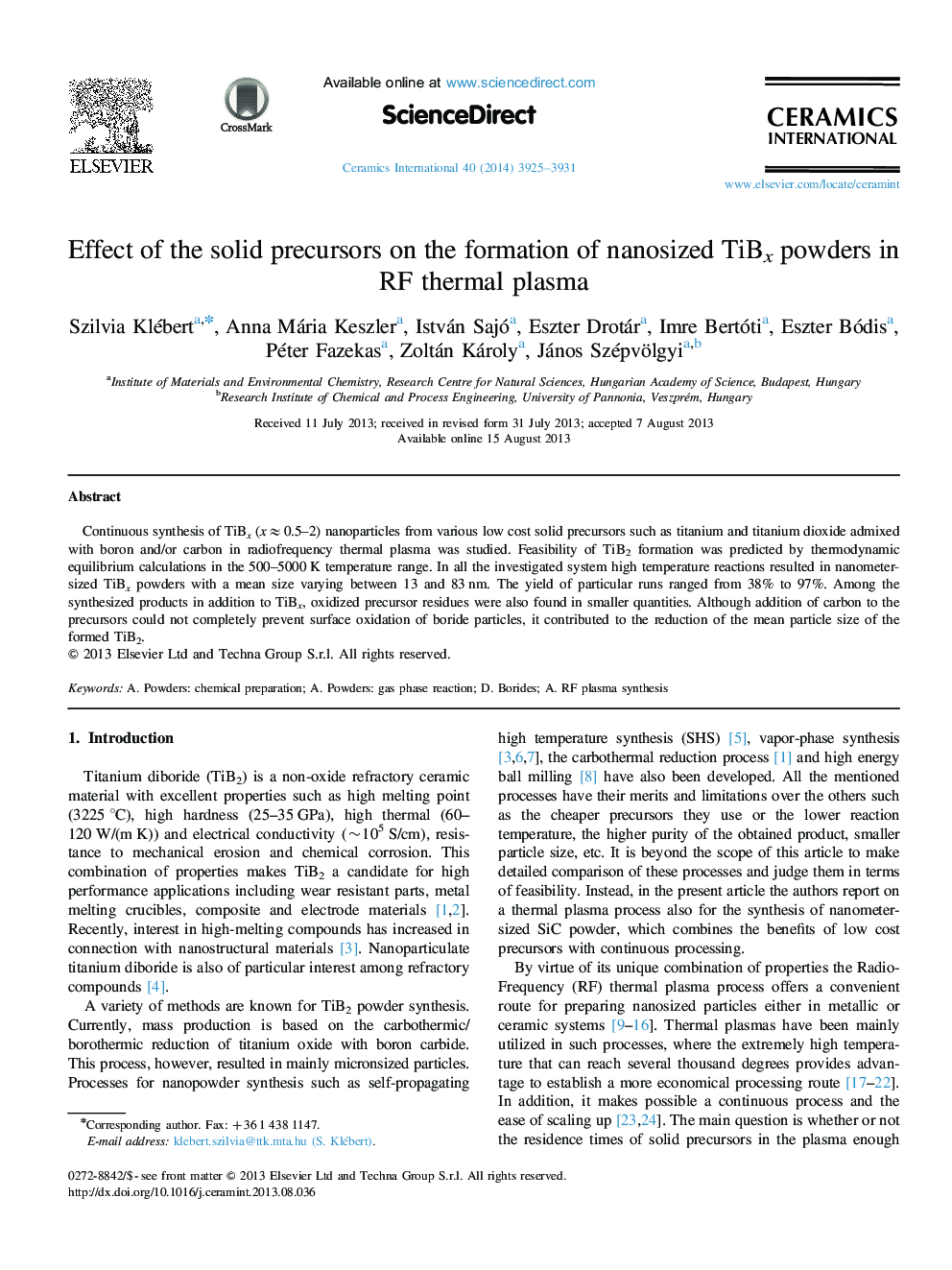 Effect of the solid precursors on the formation of nanosized TiBx powders in RF thermal plasma