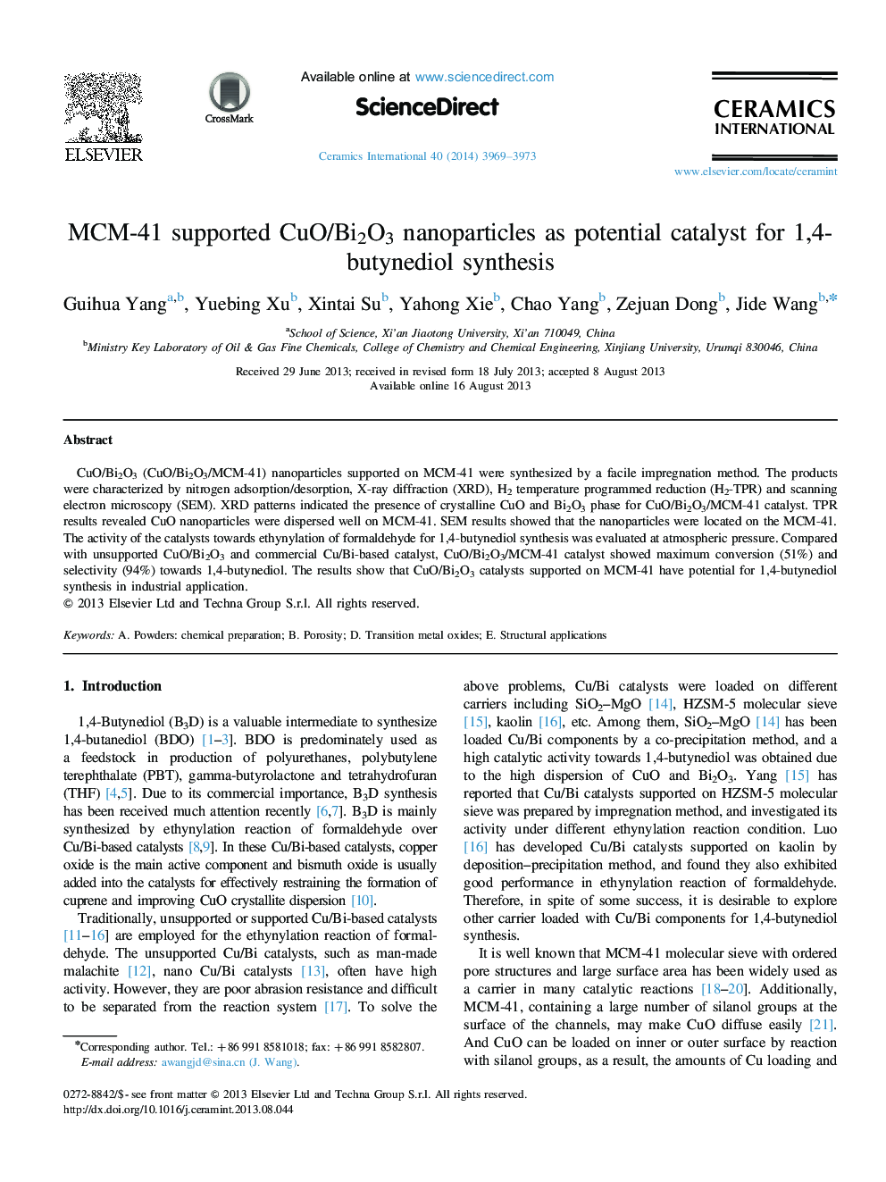 MCM-41 supported CuO/Bi2O3 nanoparticles as potential catalyst for 1,4-butynediol synthesis