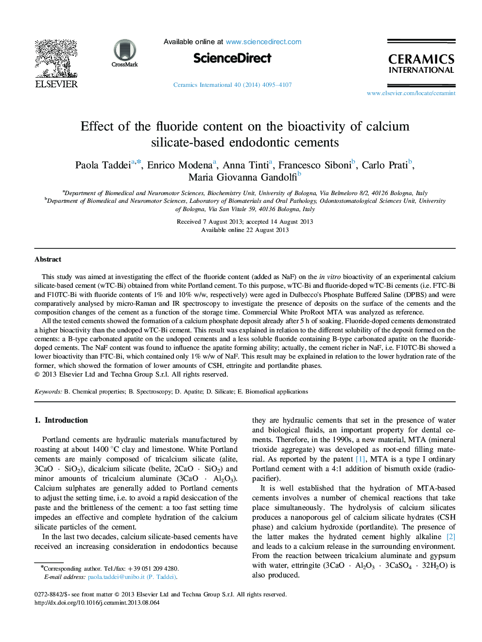 Effect of the fluoride content on the bioactivity of calcium silicate-based endodontic cements
