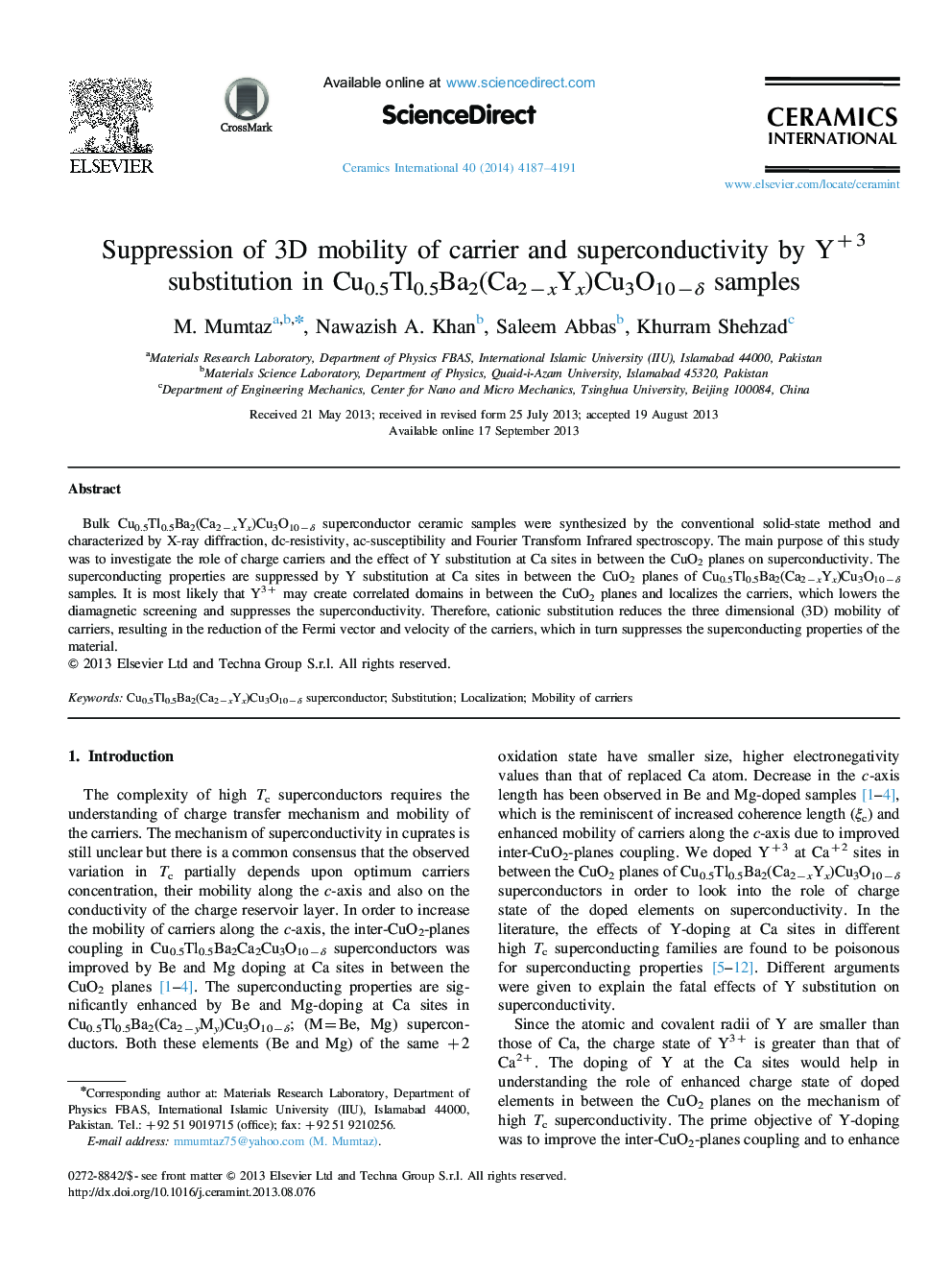 عکس صفحه اول مقاله: Suppression of 3D mobility of carrier and superconductivity by Y+3 substitution in Cu0.5Tl0.5Ba2(Ca2−xYx)Cu3O10−δ samples Suppression of 3D mobility of carrier and superconductivity by Y+3 substitution in Cu0.5Tl0.5Ba2(Ca2−xYx)Cu3O10−δ samples