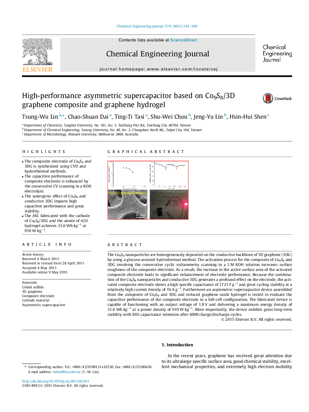 High-performance asymmetric supercapacitor based on Co9S8/3D graphene composite and graphene hydrogel