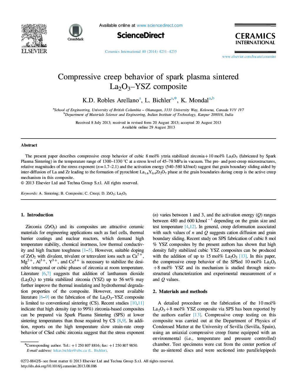 Compressive creep behavior of spark plasma sintered La2O3–YSZ composite