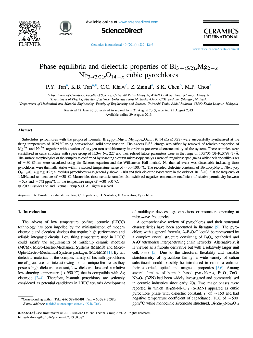Phase equilibria and dielectric properties of Bi3+(5/2)xMg2−xNb3–(3/2)xO14−x cubic pyrochlores