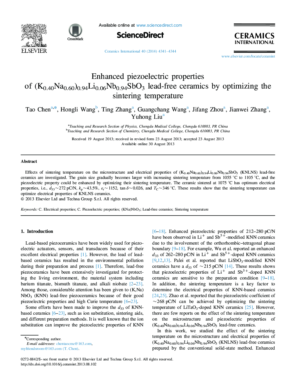 Enhanced piezoelectric properties of (K0.40Na0.60)0.94Li0.06Nb0.94SbO3 lead-free ceramics by optimizing the sintering temperature