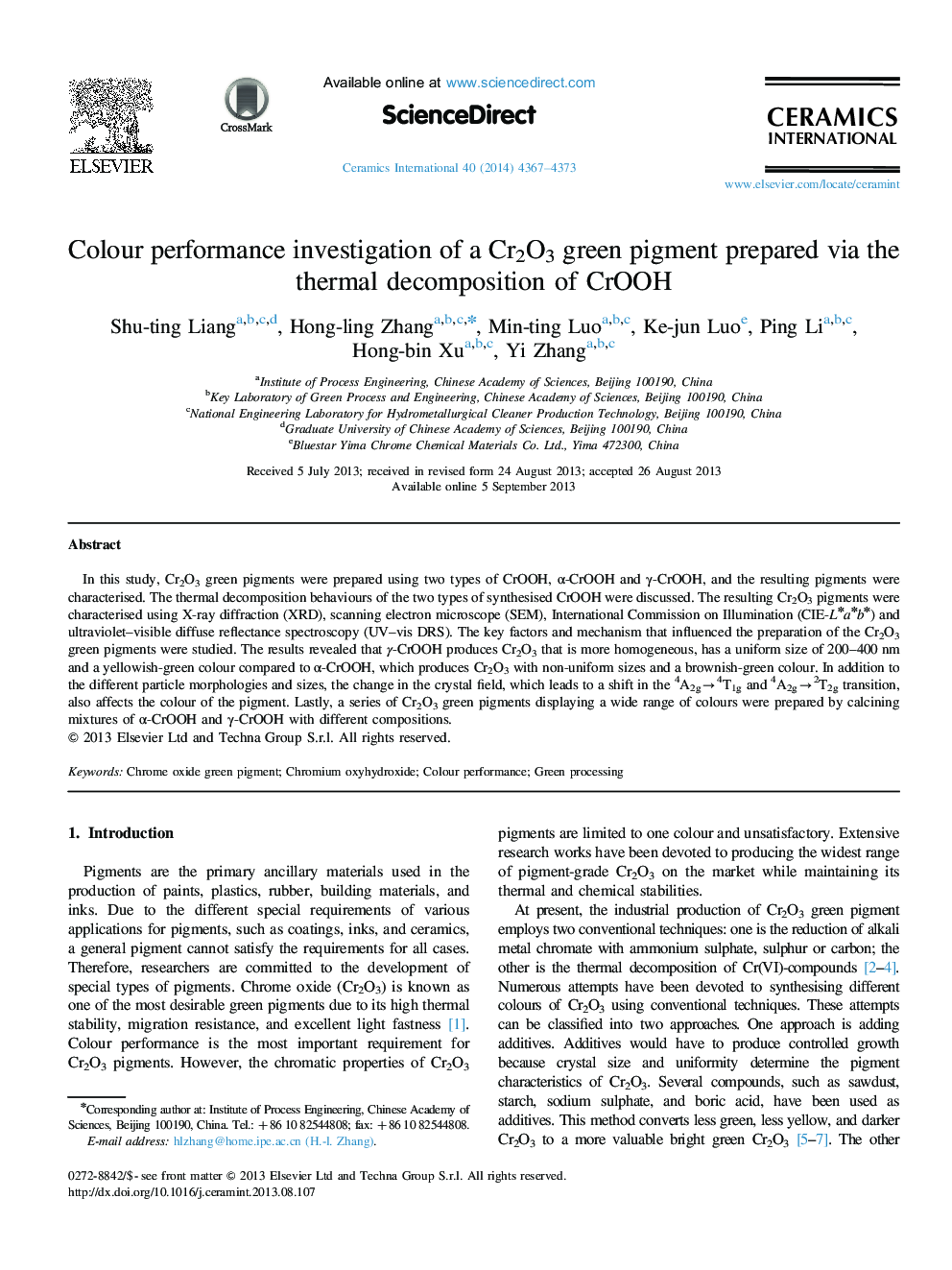 Colour performance investigation of a Cr2O3 green pigment prepared via the thermal decomposition of CrOOH