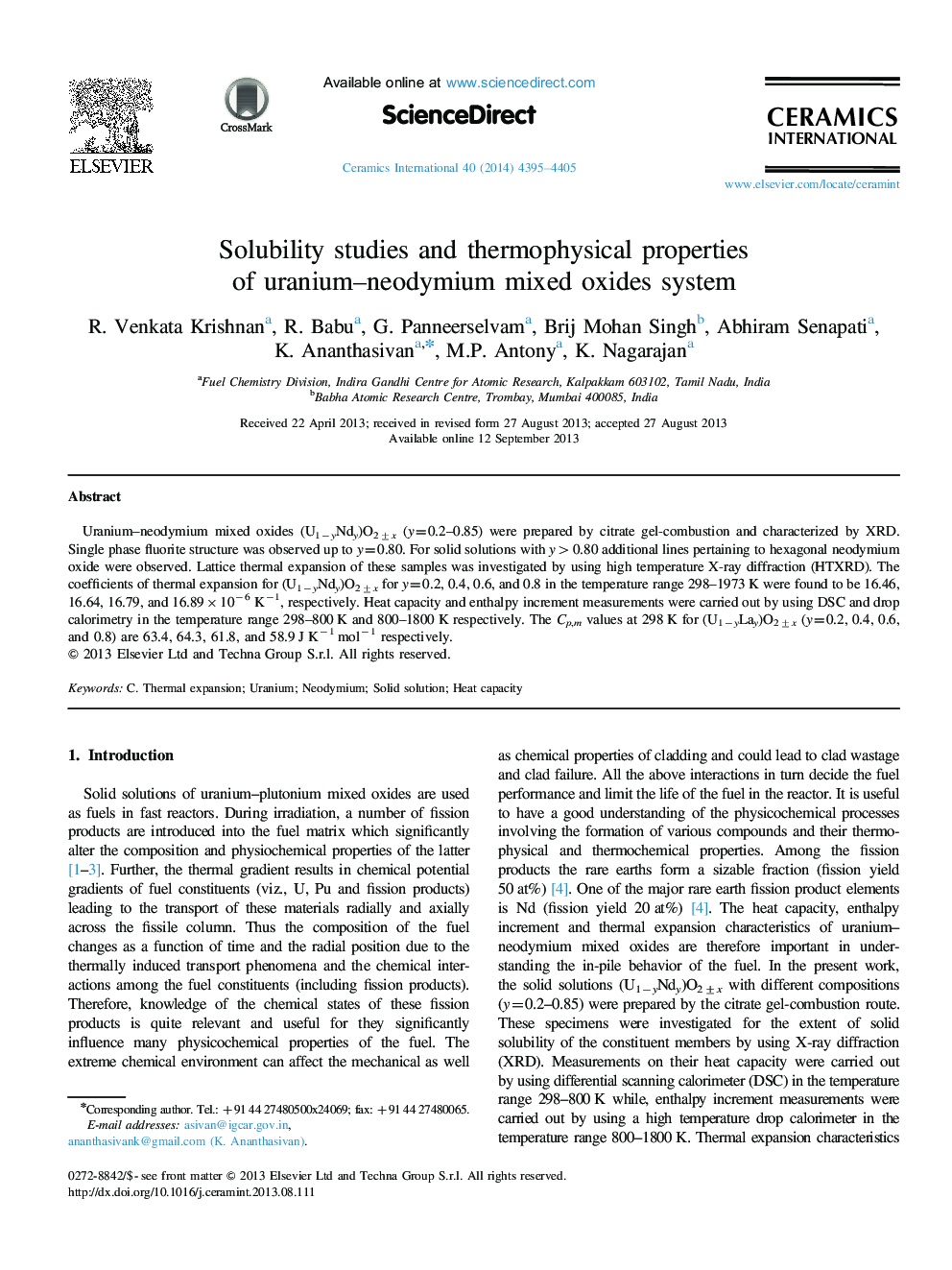 مطالعات حلالیت و خواص ترموفیزیکی سیستم اکسیداسیون مخلوطی از اورانیم 