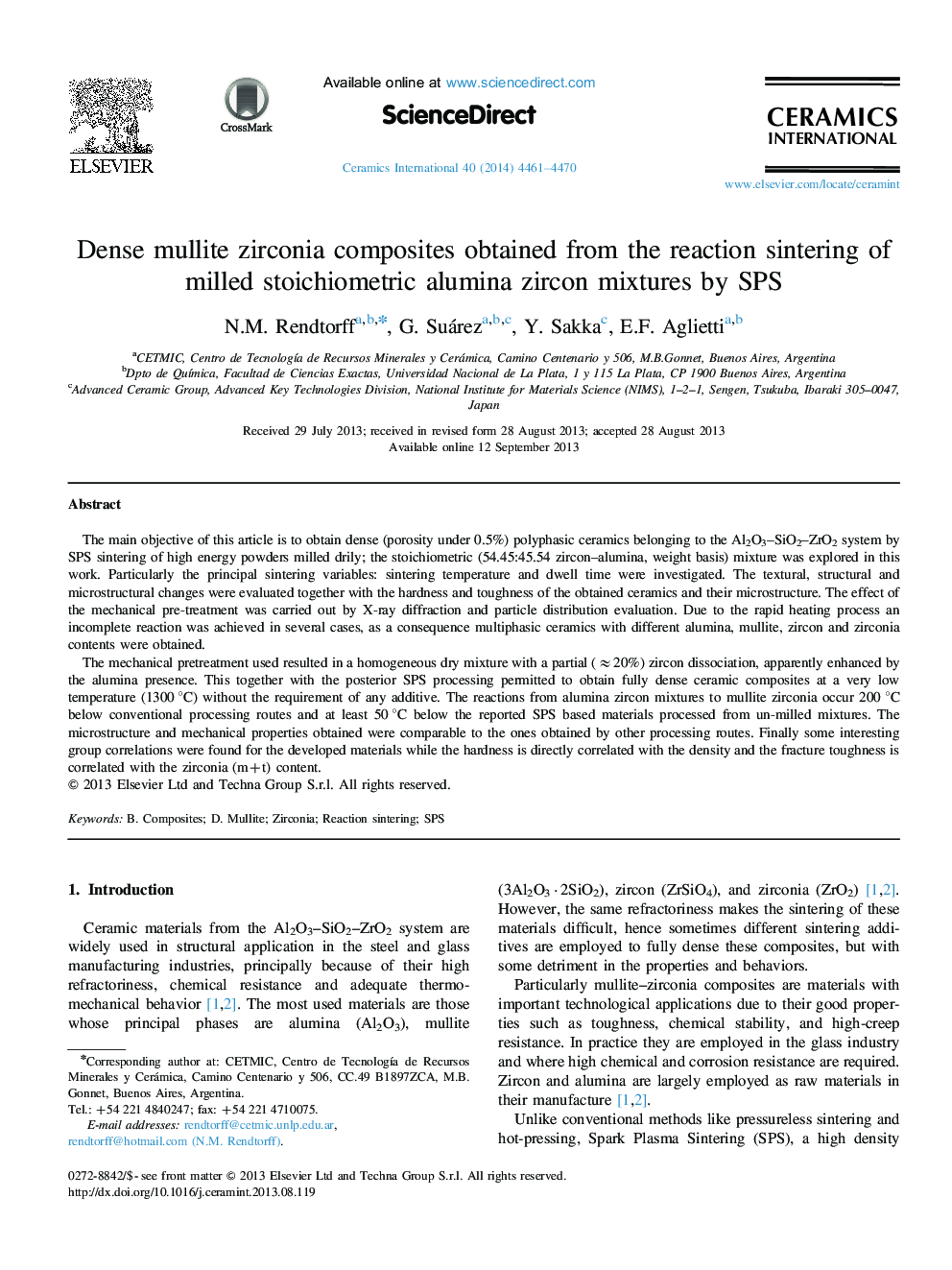 Dense mullite zirconia composites obtained from the reaction sintering of milled stoichiometric alumina zircon mixtures by SPS