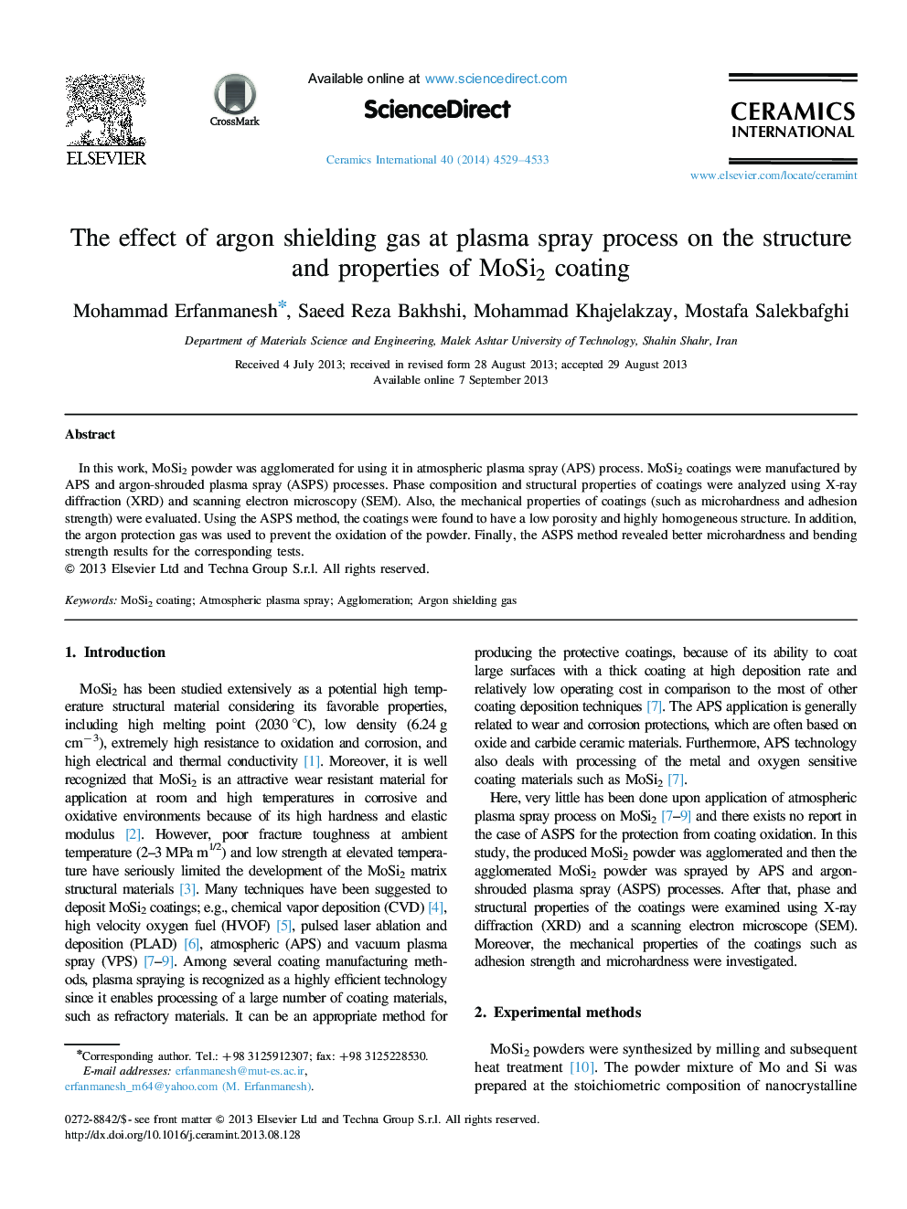 The effect of argon shielding gas at plasma spray process on the structure and properties of MoSi2 coating