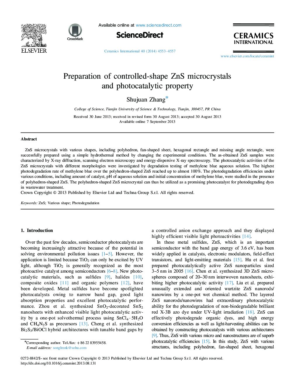 Preparation of controlled-shape ZnS microcrystals and photocatalytic property