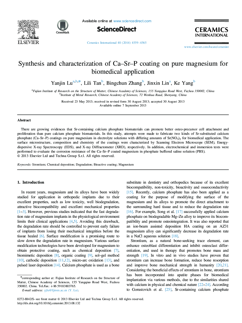 Synthesis and characterization of Ca–Sr–P coating on pure magnesium for biomedical application