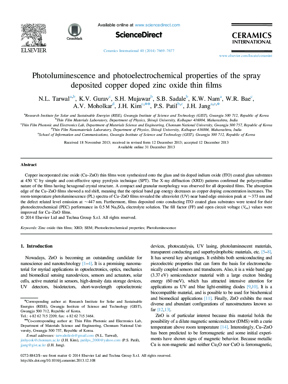 Photoluminescence and photoelectrochemical properties of the spray deposited copper doped zinc oxide thin films