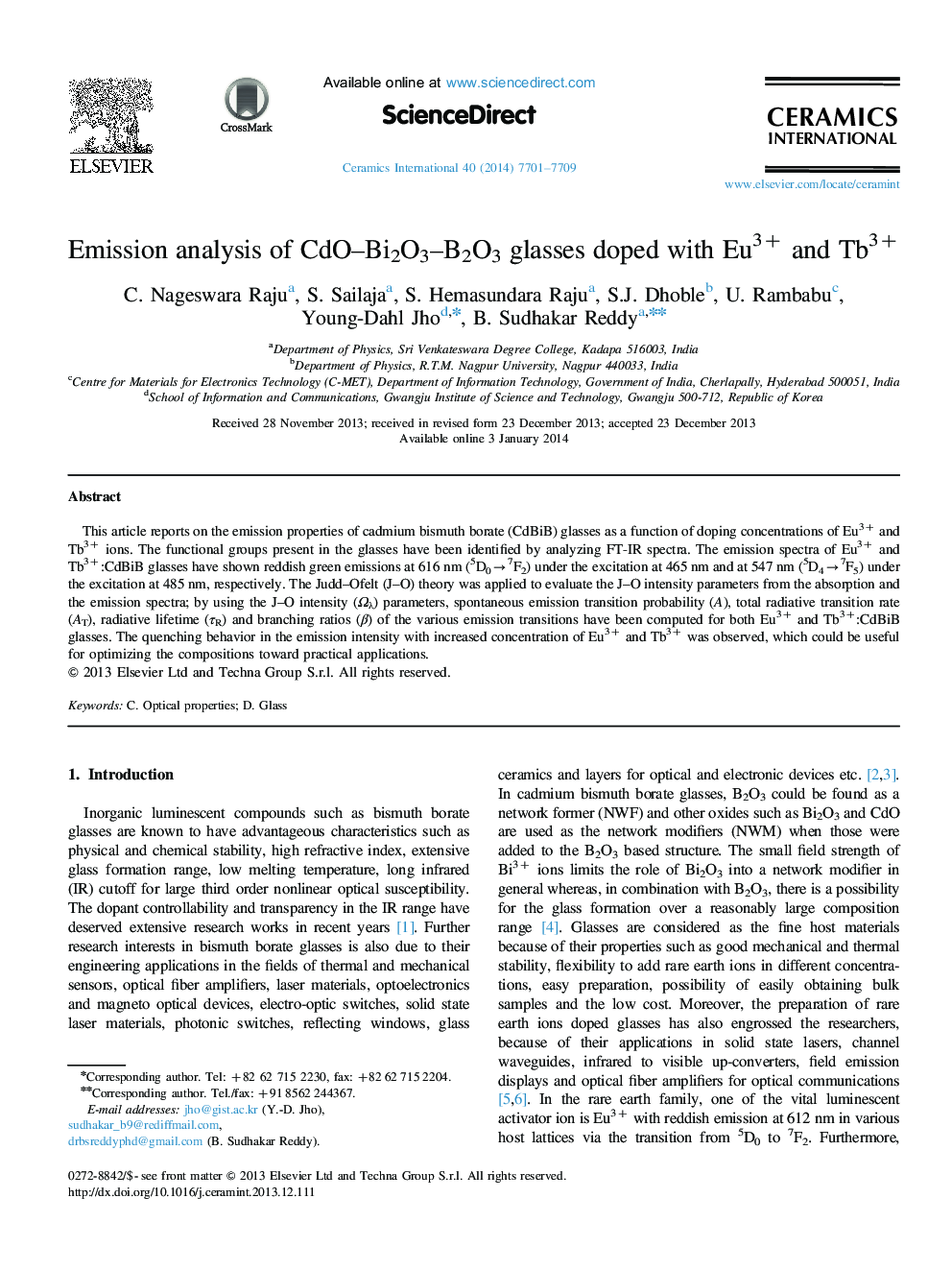 عکس صفحه اول مقاله: Emission analysis of CdO–Bi2O3–B2O3 glasses doped with Eu3+ and Tb3+ Emission analysis of CdO–Bi2O3–B2O3 glasses doped with Eu3+ and Tb3+