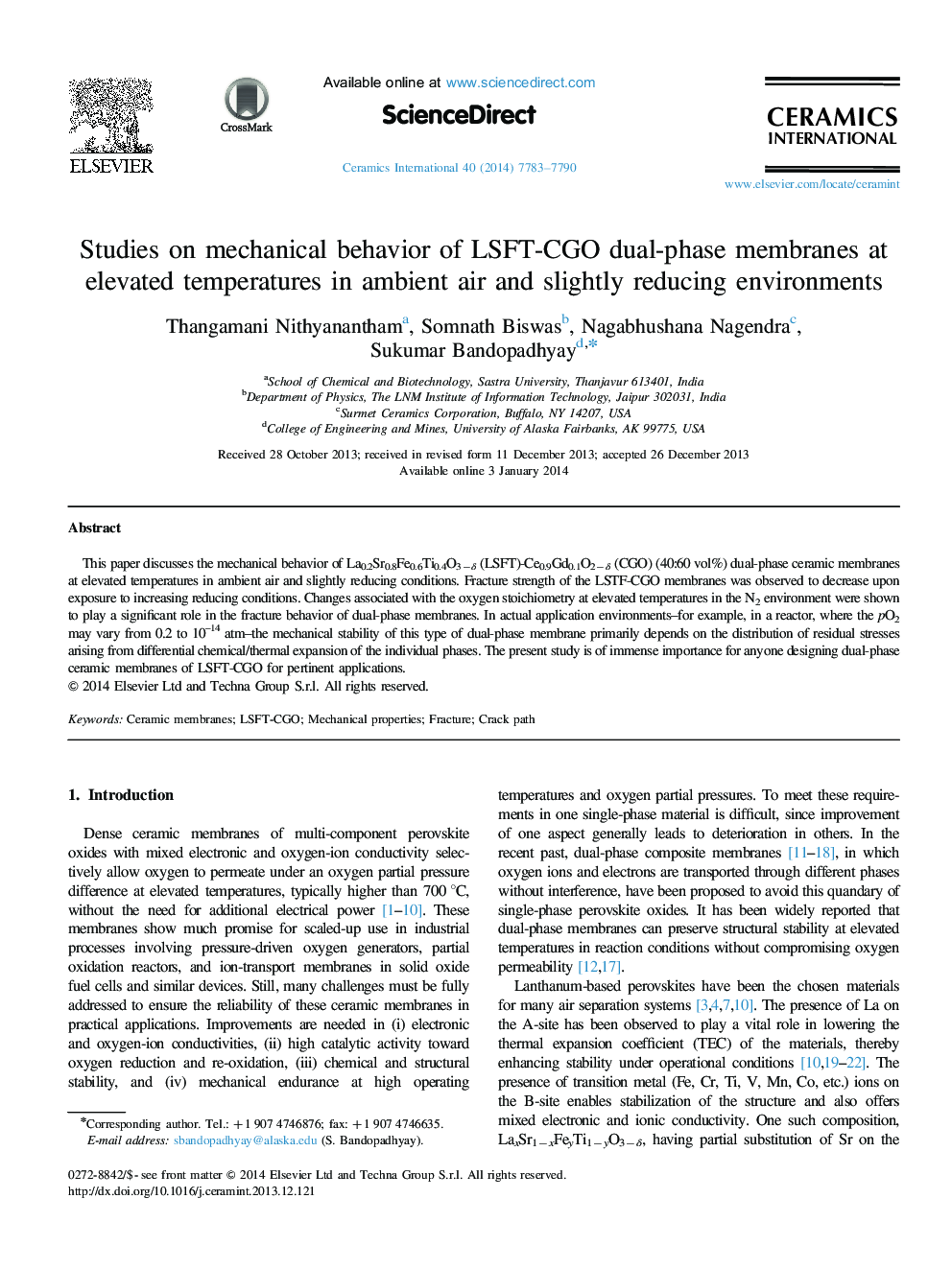 Studies on mechanical behavior of LSFT-CGO dual-phase membranes at elevated temperatures in ambient air and slightly reducing environments