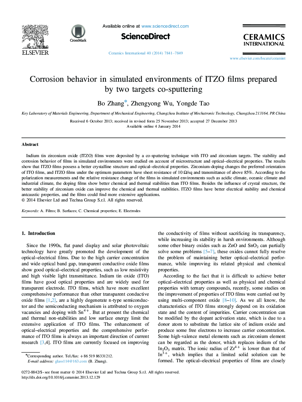 Corrosion behavior in simulated environments of ITZO films prepared by two targets co-sputtering