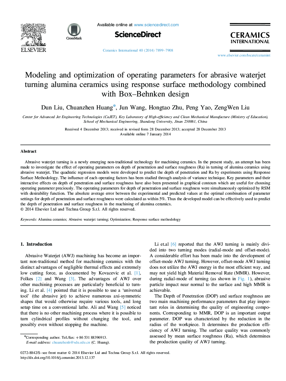 عکس صفحه اول مقاله: Modeling and optimization of operating parameters for abrasive waterjet turning alumina ceramics using response surface methodology combined with Box–Behnken design Modeling and optimization of operating parameters for abrasive waterjet turning alumina ceramics using response surface methodology combined with Box–Behnken design