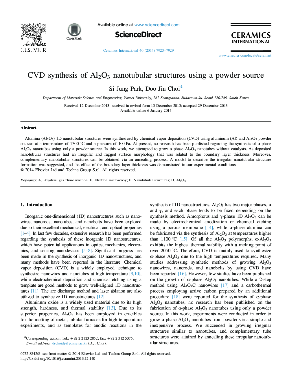 CVD synthesis of Al2O3 nanotubular structures using a powder source