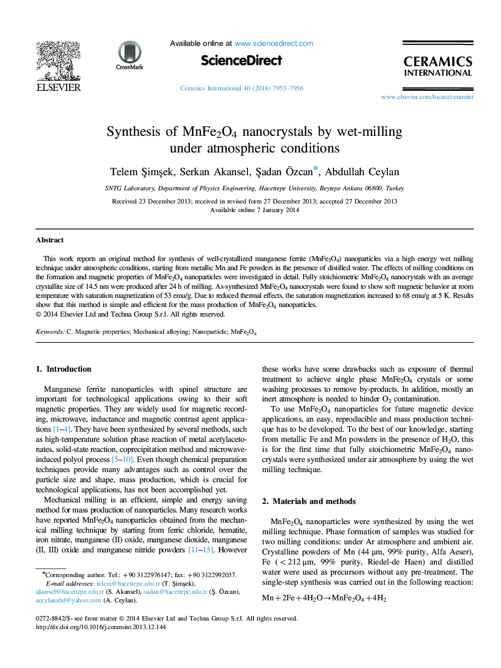 Synthesis of MnFe2O4 nanocrystals by wet-milling under atmospheric conditions