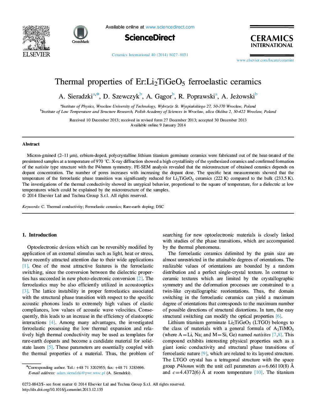 Thermal properties of Er:Li2TiGeO5 ferroelastic ceramics