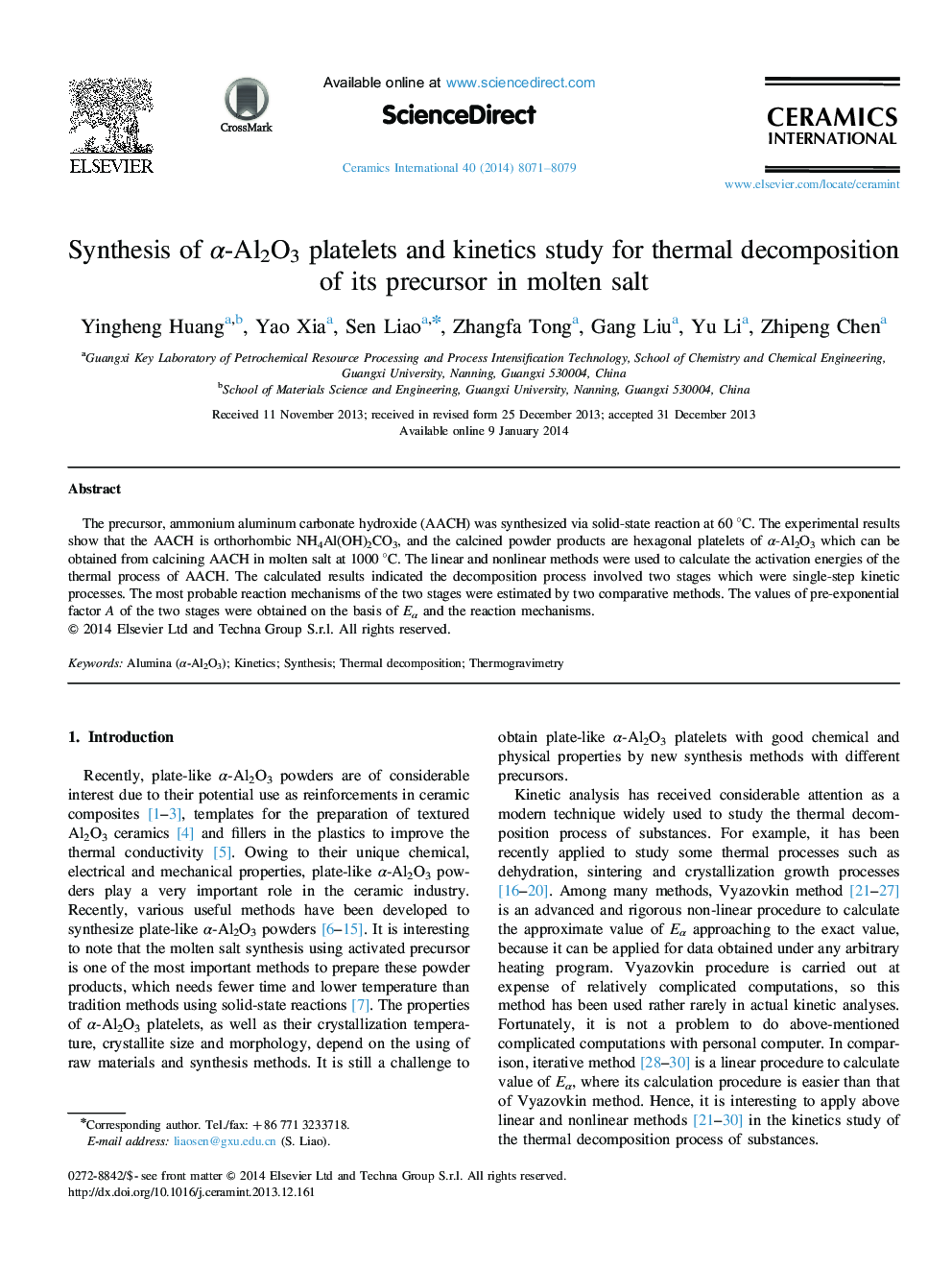 Synthesis of α-Al2O3 platelets and kinetics study for thermal decomposition of its precursor in molten salt