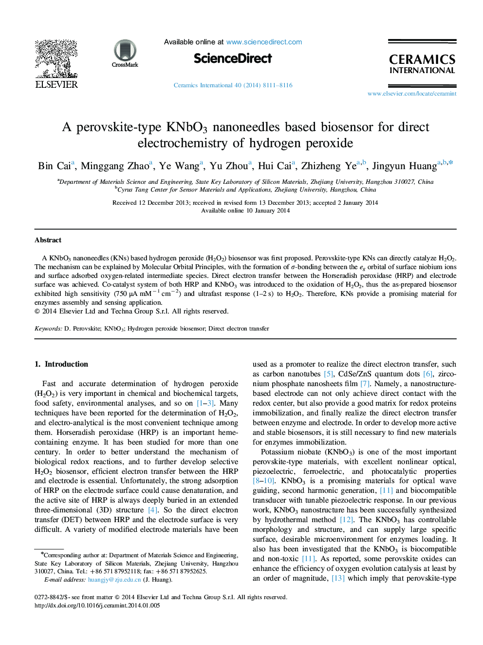 A perovskite-type KNbO3 nanoneedles based biosensor for direct electrochemistry of hydrogen peroxide