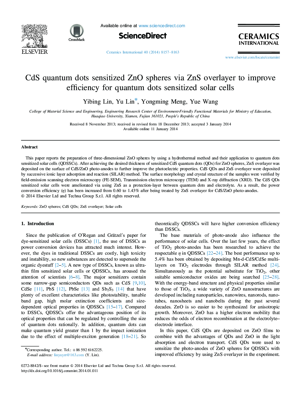 CdS quantum dots sensitized ZnO spheres via ZnS overlayer to improve efficiency for quantum dots sensitized solar cells