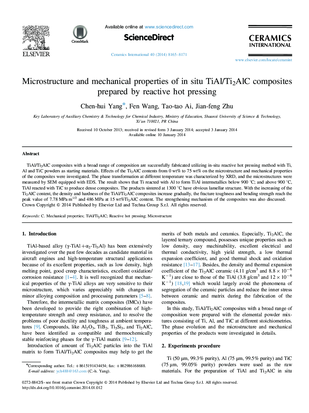 Microstructure and mechanical properties of in situ TiAl/Ti2AlC composites prepared by reactive hot pressing