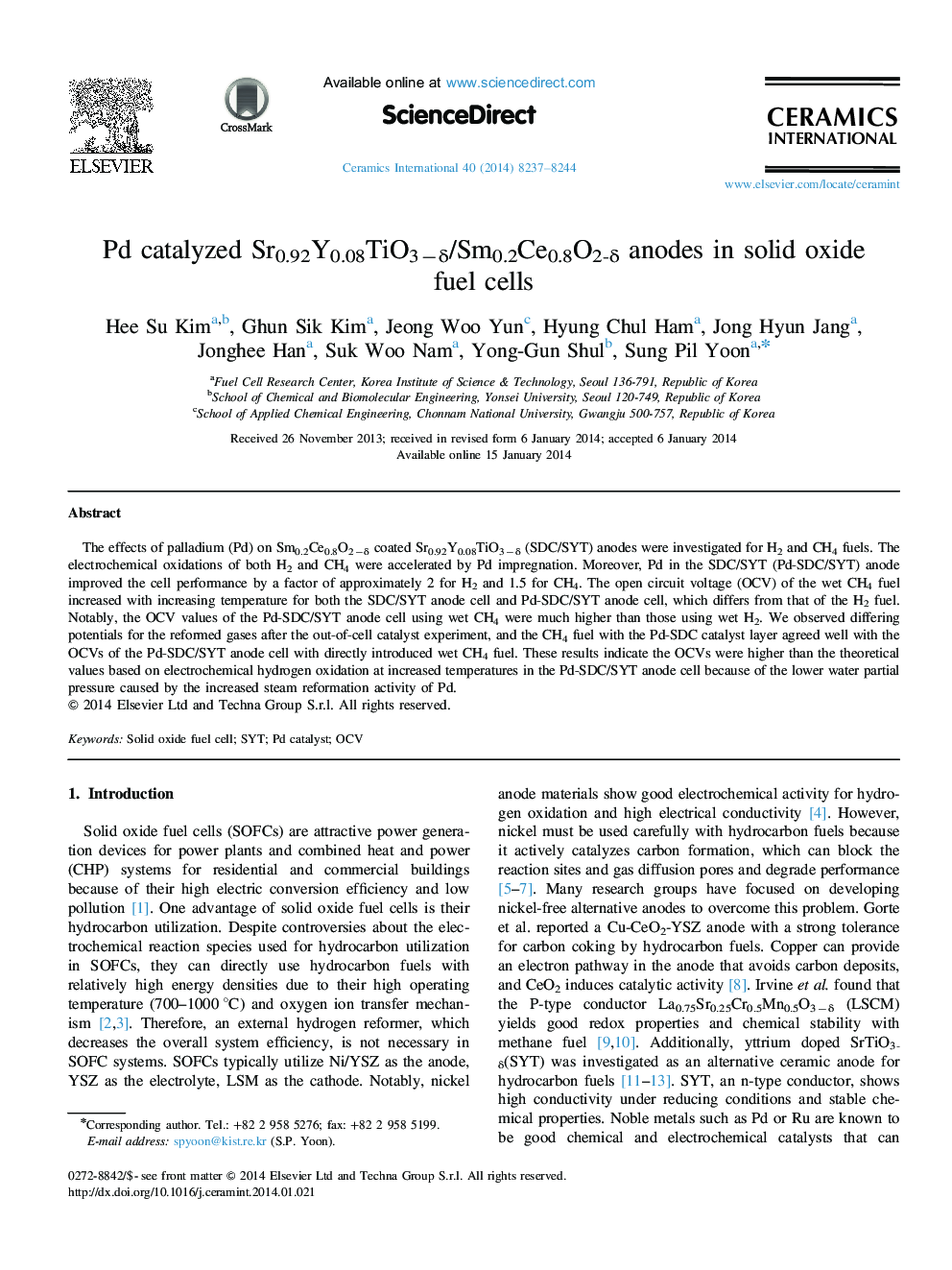 Pd catalyzed Sr0.92Y0.08TiO3−δ/Sm0.2Ce0.8O2-δ anodes in solid oxide fuel cells