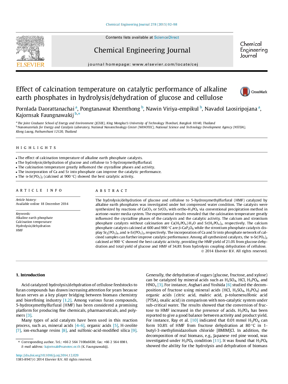 Effect of calcination temperature on catalytic performance of alkaline earth phosphates in hydrolysis/dehydration of glucose and cellulose