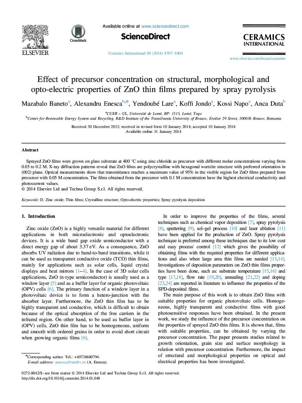 Effect of precursor concentration on structural, morphological and opto-electric properties of ZnO thin films prepared by spray pyrolysis