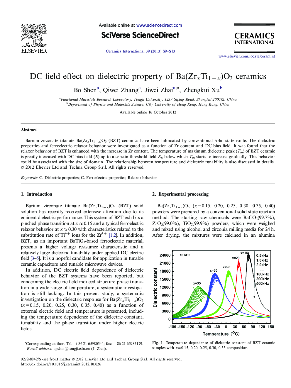 DC field effect on dielectric property of Ba(ZrxTi1−x)O3 ceramics
