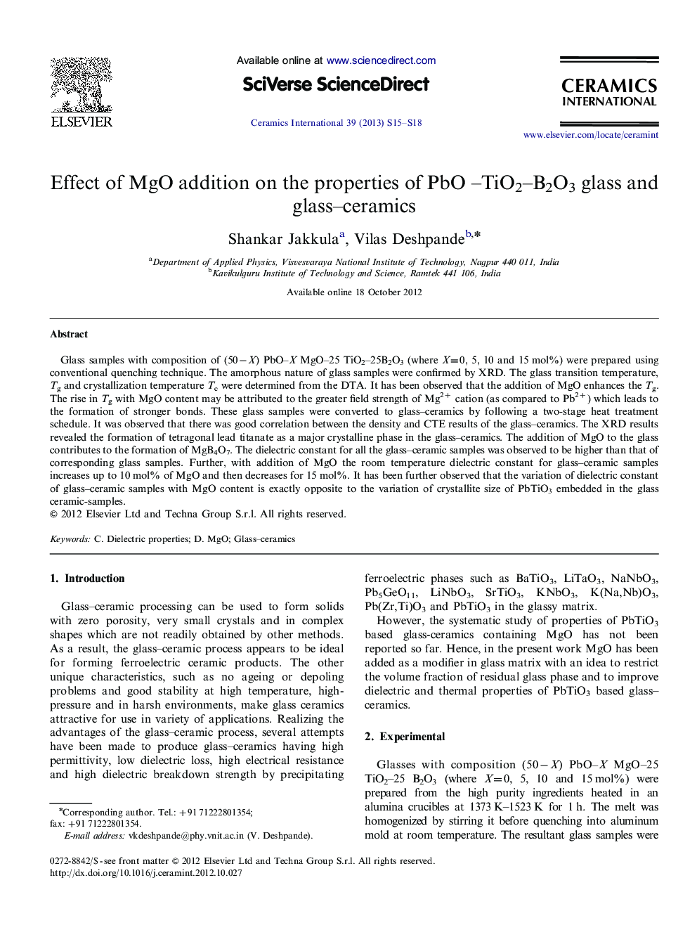 Effect of MgO addition on the properties of PbO –TiO2–B2O3 glass and glass–ceramics