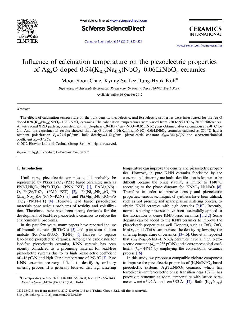 Influence of calcination temperature on the piezoelectric properties of Ag2O doped 0.94(K0.5Na0.5)NbO3–0.06LiNbO3 ceramics