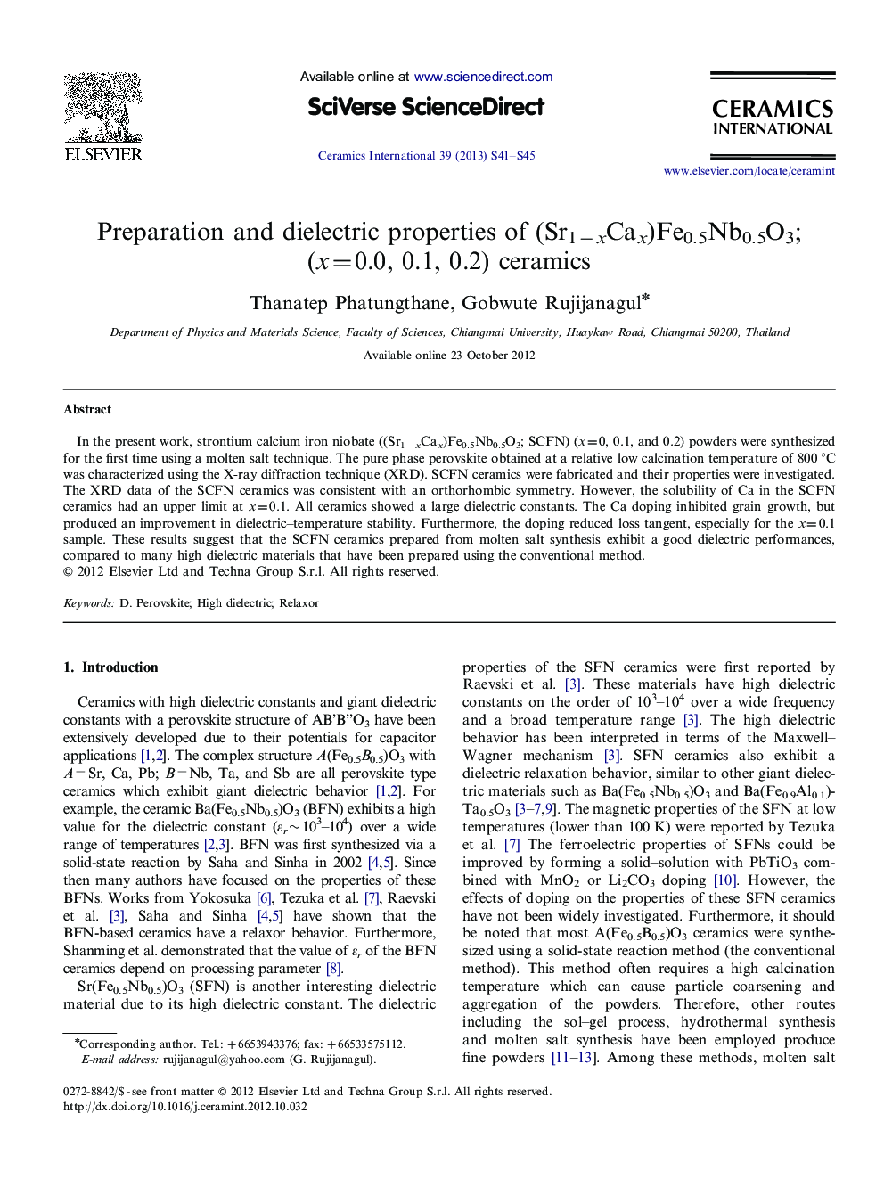 Preparation and dielectric properties of (Sr1−xCax)Fe0.5Nb0.5O3; (x=0.0, 0.1, 0.2) ceramics