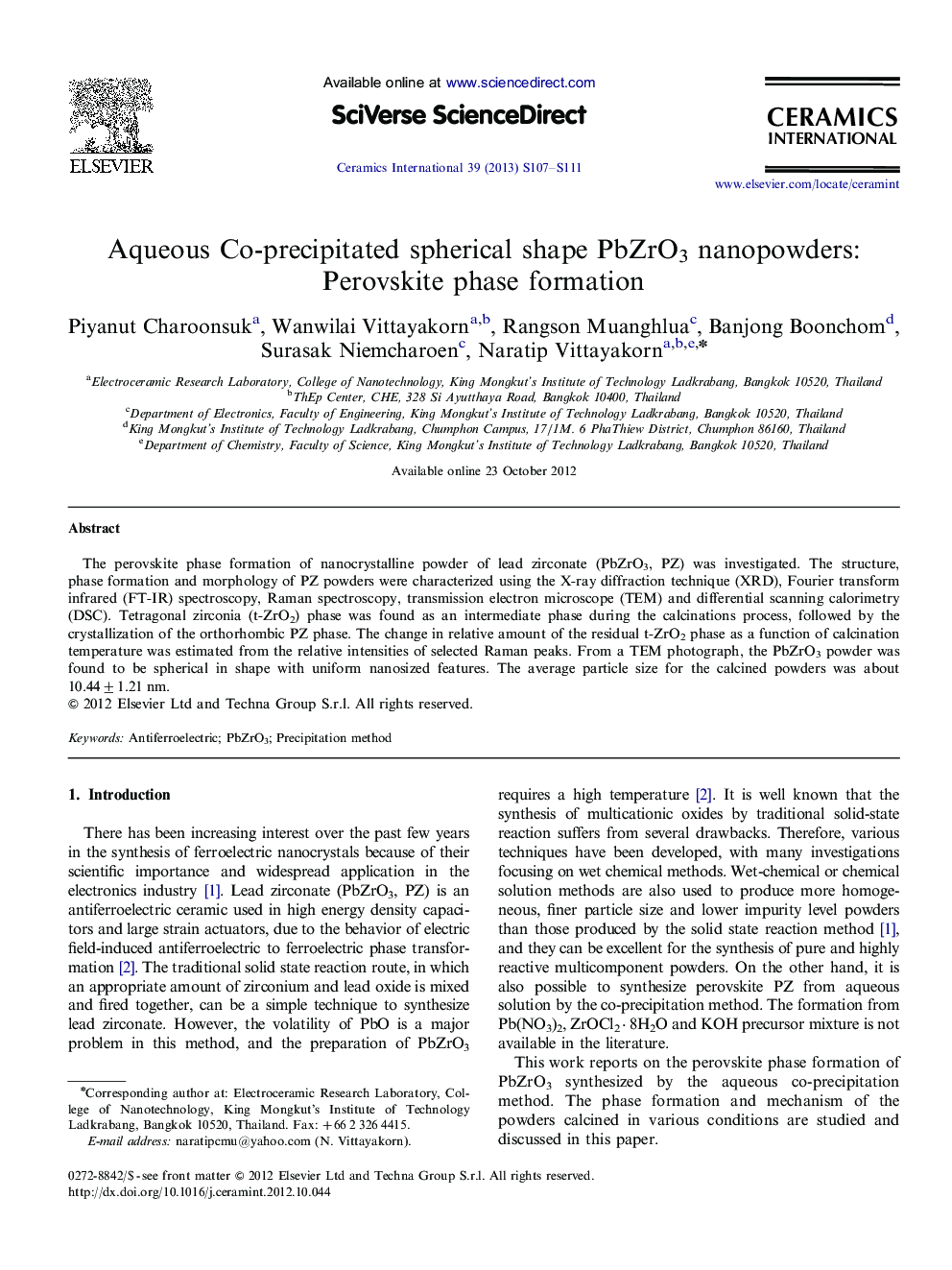 Aqueous Co-precipitated spherical shape PbZrO3 nanopowders: Perovskite phase formation