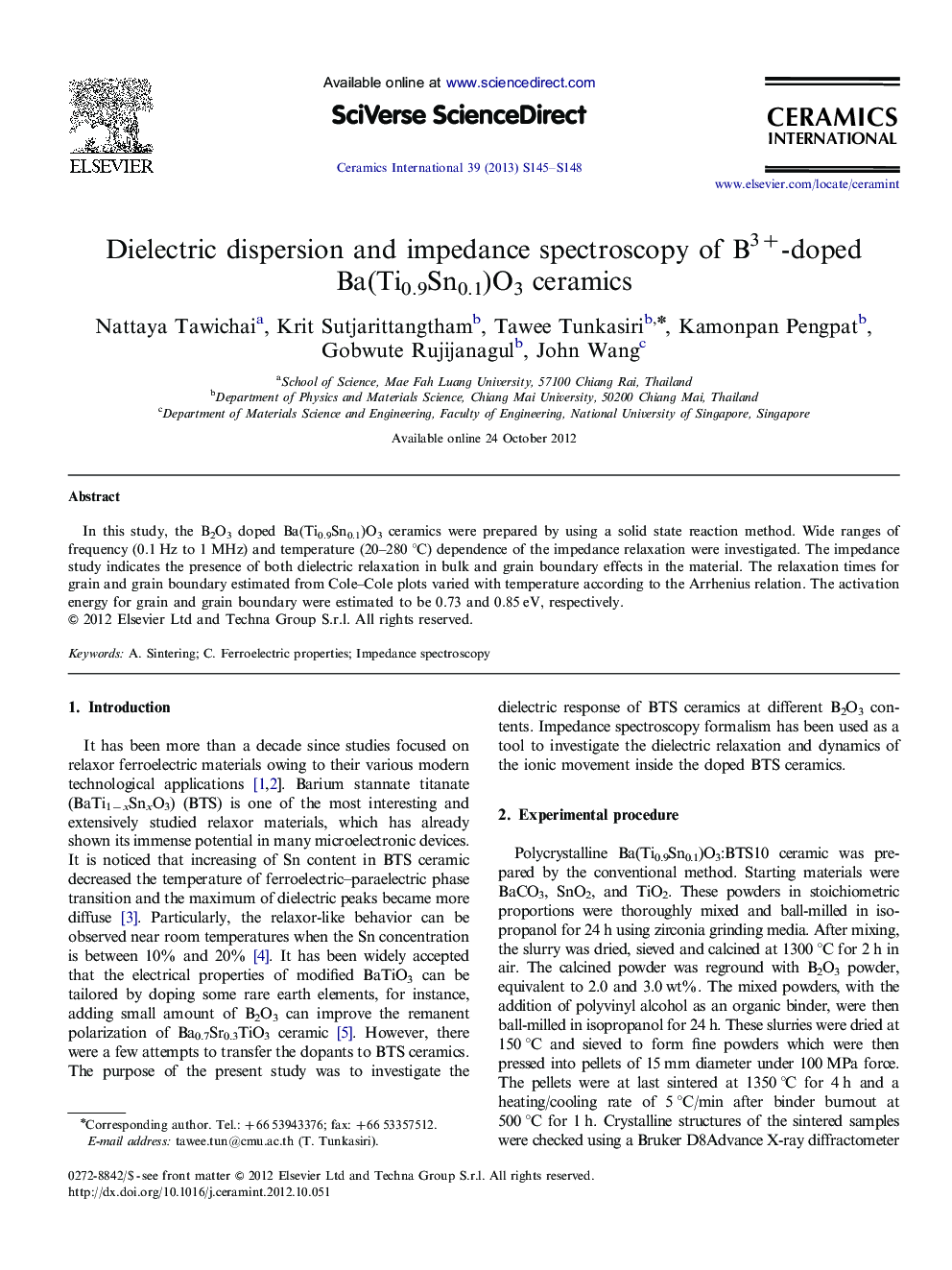 Dielectric dispersion and impedance spectroscopy of B3+-doped Ba(Ti0.9Sn0.1)O3 ceramics