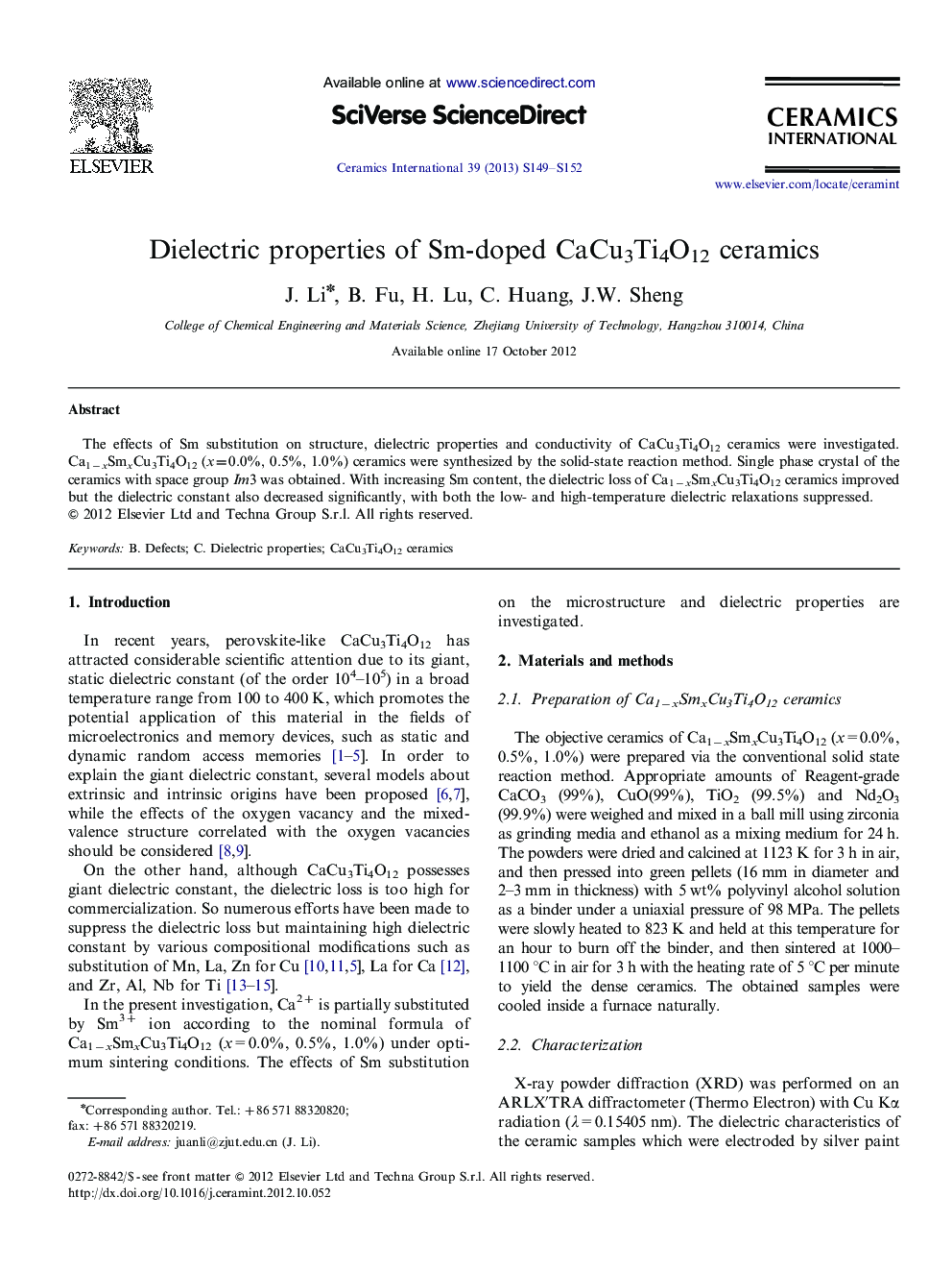 Dielectric properties of Sm-doped CaCu3Ti4O12 ceramics