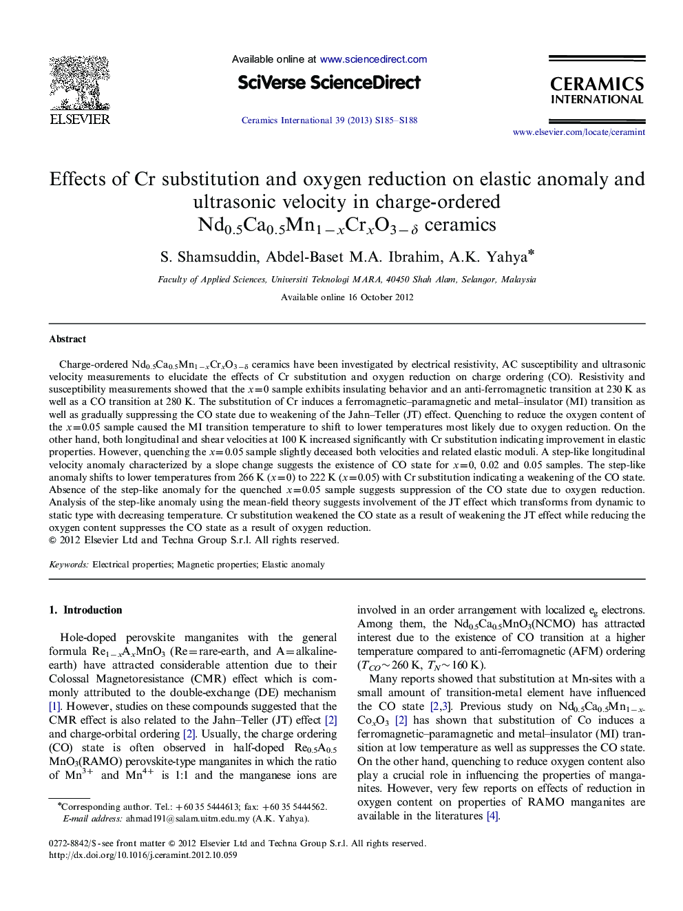 Effects of Cr substitution and oxygen reduction on elastic anomaly and ultrasonic velocity in charge-ordered Nd0.5Ca0.5Mn1−xCrxO3−δ ceramics