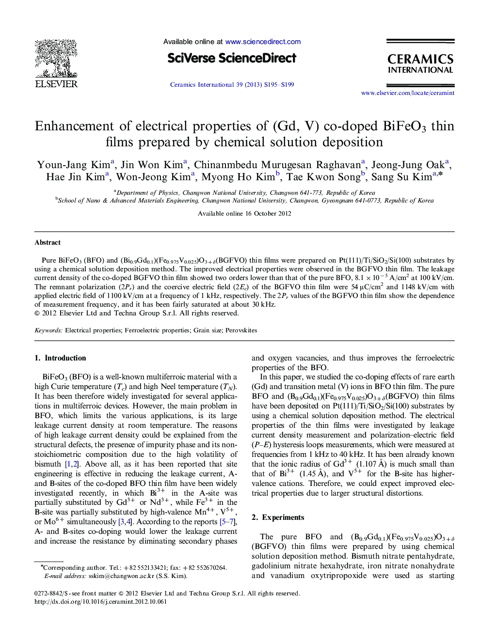 عکس صفحه اول مقاله: Enhancement of electrical properties of (Gd, V) co-doped BiFeO3 thin films prepared by chemical solution deposition Enhancement of electrical properties of (Gd, V) co-doped BiFeO3 thin films prepared by chemical solution deposition