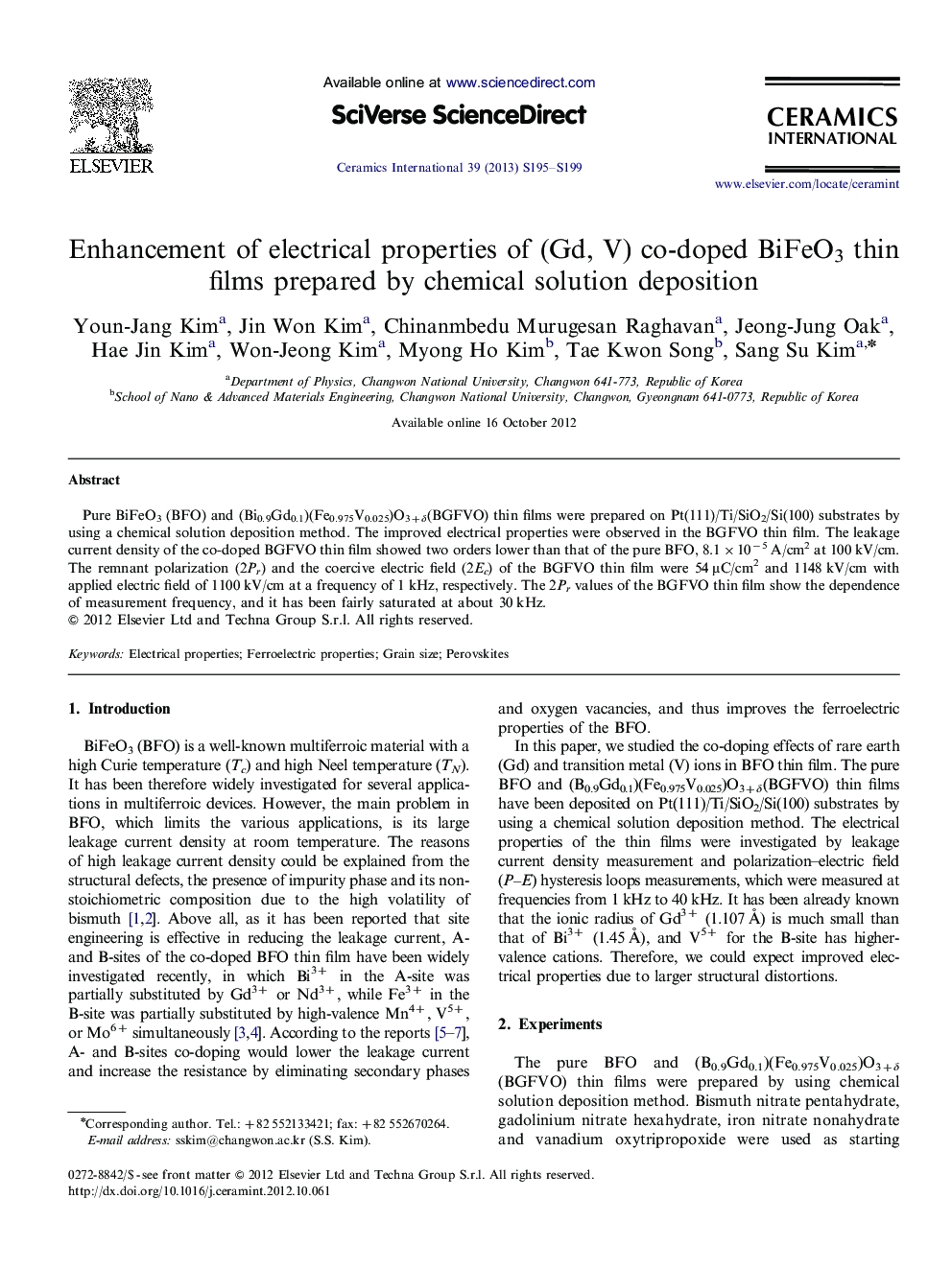 Enhancement of electrical properties of (Gd, V) co-doped BiFeO3 thin films prepared by chemical solution deposition