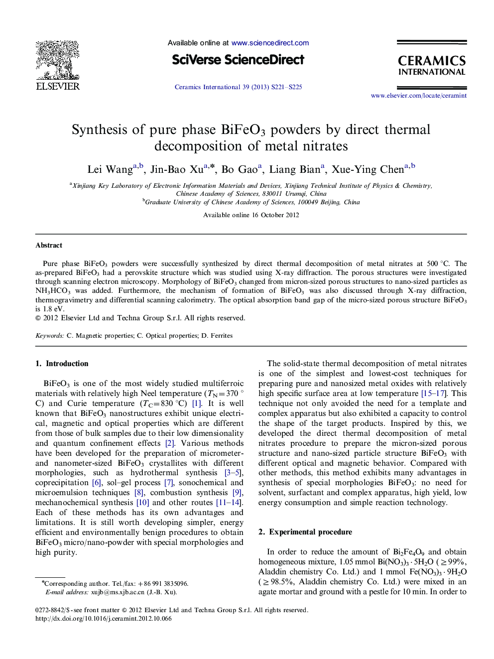 Synthesis of pure phase BiFeO3 powders by direct thermal decomposition of metal nitrates