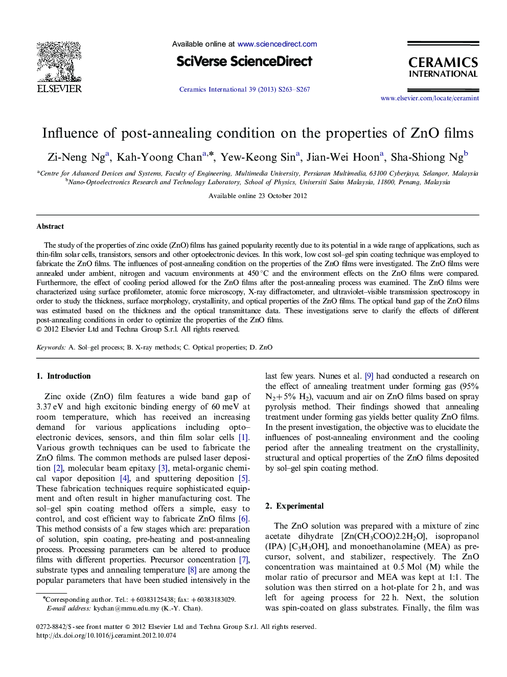 Influence of post-annealing condition on the properties of ZnO films