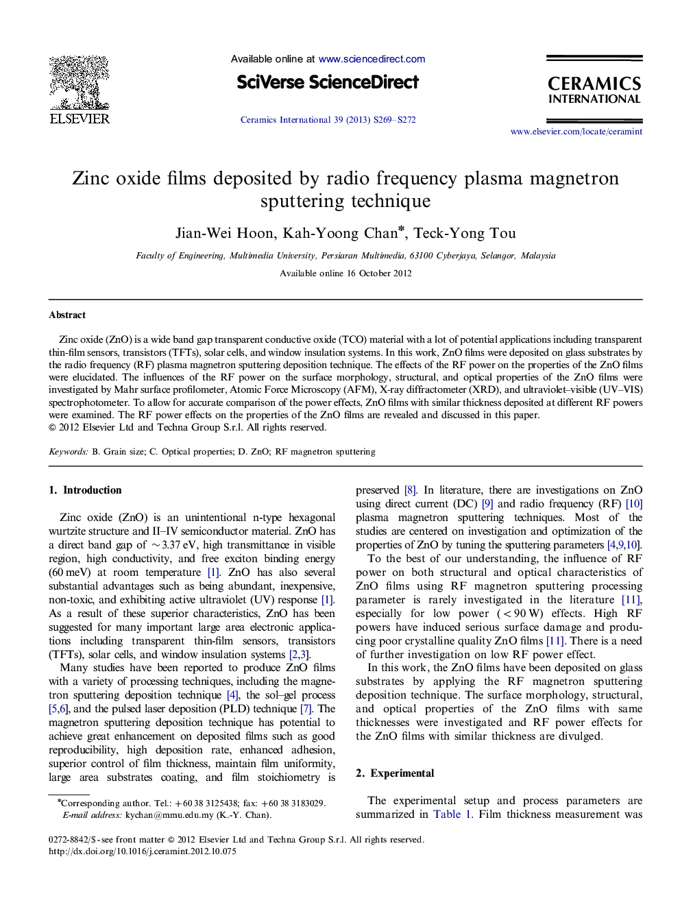 Zinc oxide films deposited by radio frequency plasma magnetron sputtering technique