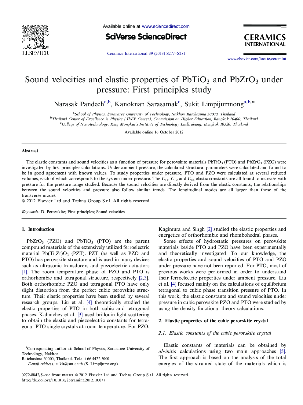 عکس صفحه اول مقاله: Sound velocities and elastic properties of PbTiO3 and PbZrO3 under pressure: First principles study Sound velocities and elastic properties of PbTiO3 and PbZrO3 under pressure: First principles study
