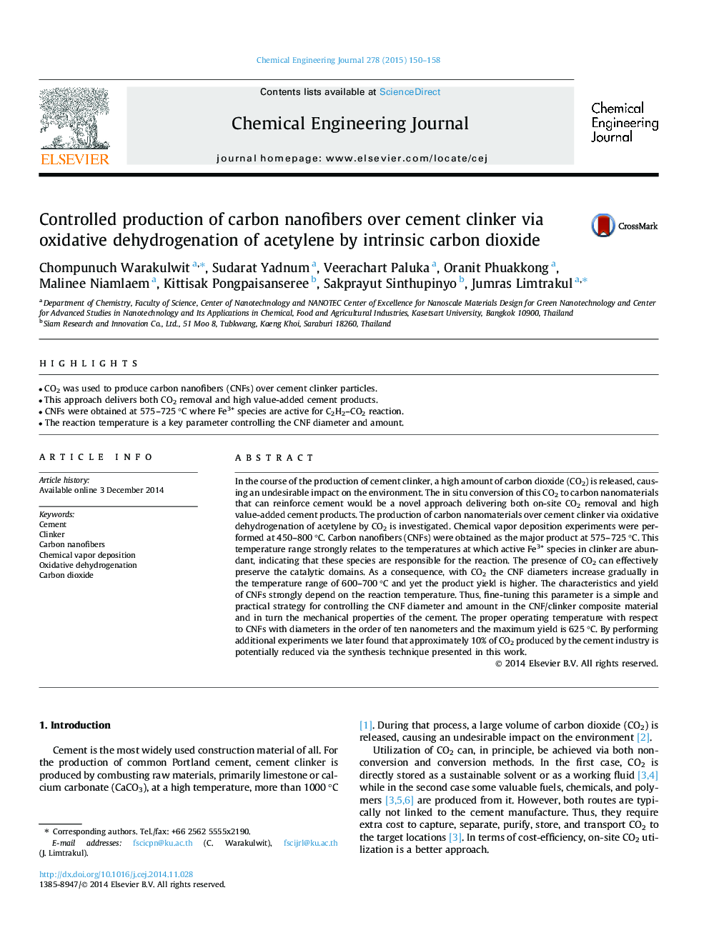 Controlled production of carbon nanofibers over cement clinker via oxidative dehydrogenation of acetylene by intrinsic carbon dioxide