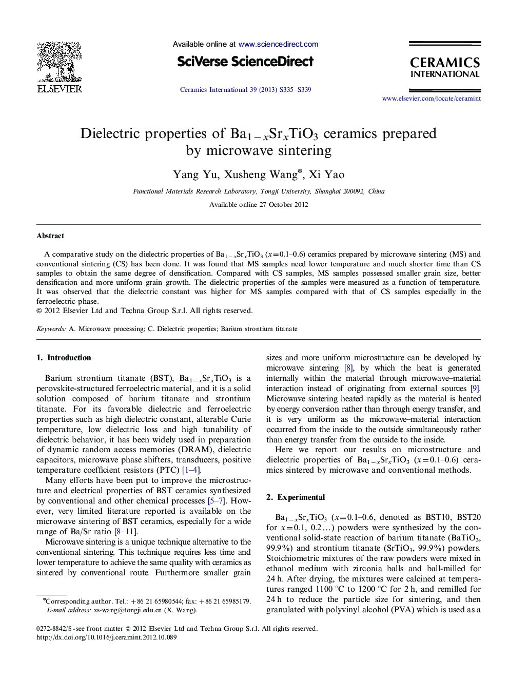 Dielectric properties of Ba1−xSrxTiO3 ceramics prepared by microwave sintering