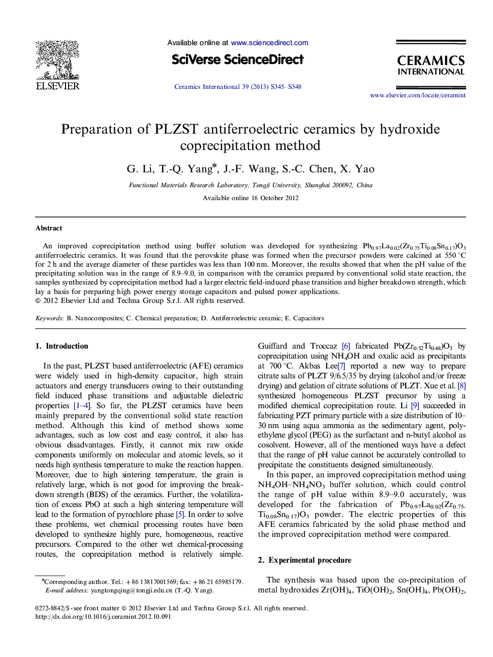 Preparation of PLZST antiferroelectric ceramics by hydroxide coprecipitation method
